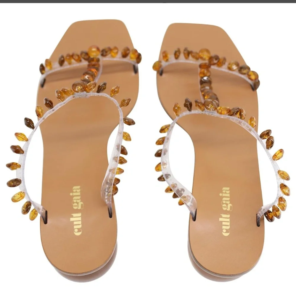 Cult Gaia Clio Bead Embellished Round Heel Sandals in Clear PVC Brown